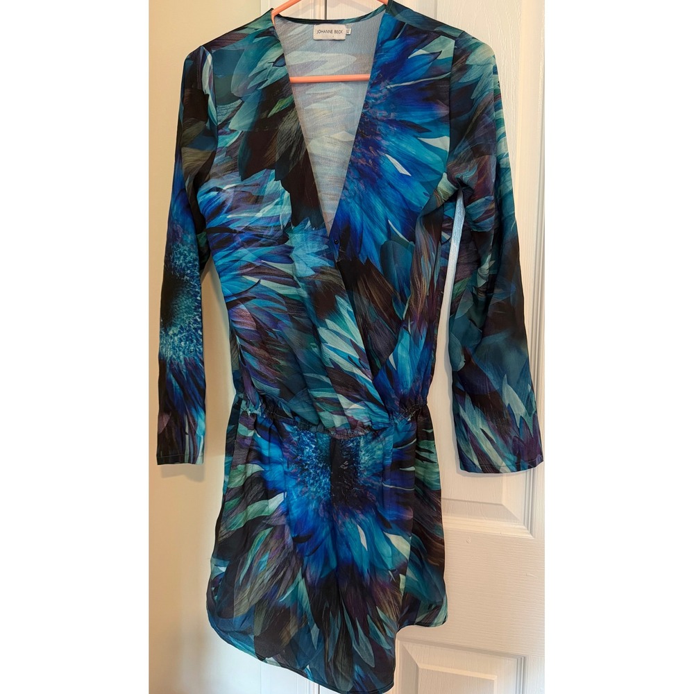 Johanne Beck Blue Sunflower Floral Chiffon Wrap Romper XS Long Sleeve